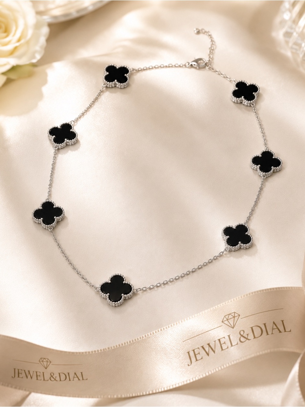 925 Sterling Silver Onyx Clover Station Necklace - Picture 4 of 7